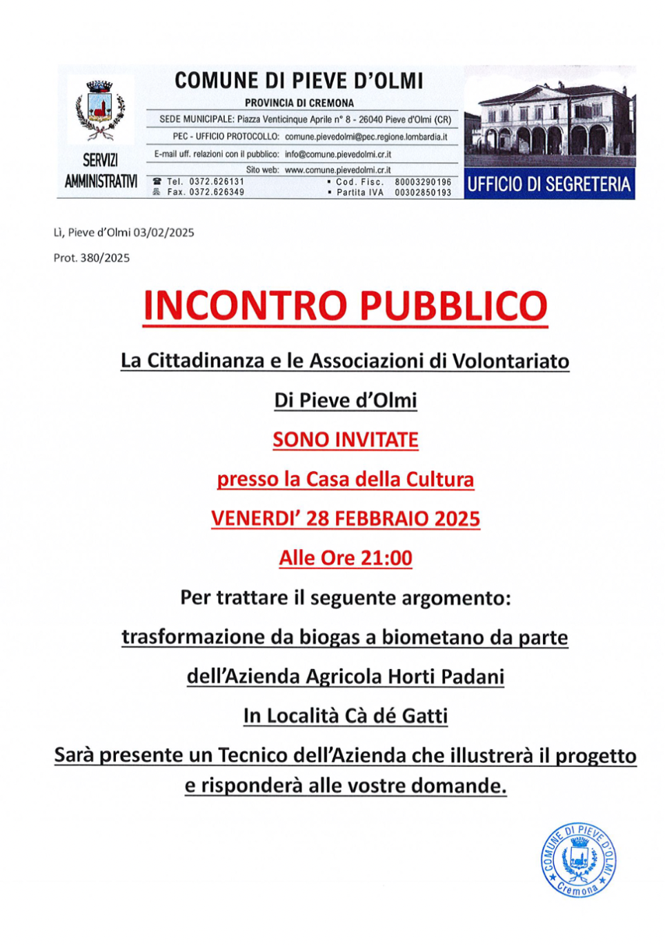 Incontro Pubblico sulla Trasformazione da Biogas a Biometano a Cà dé Gatti