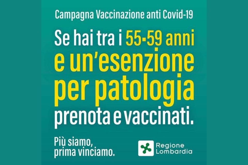 Prenotazione vaccino anti Covid-19 per persone tra i 55 e 59 anni e un'esenzione per patologia